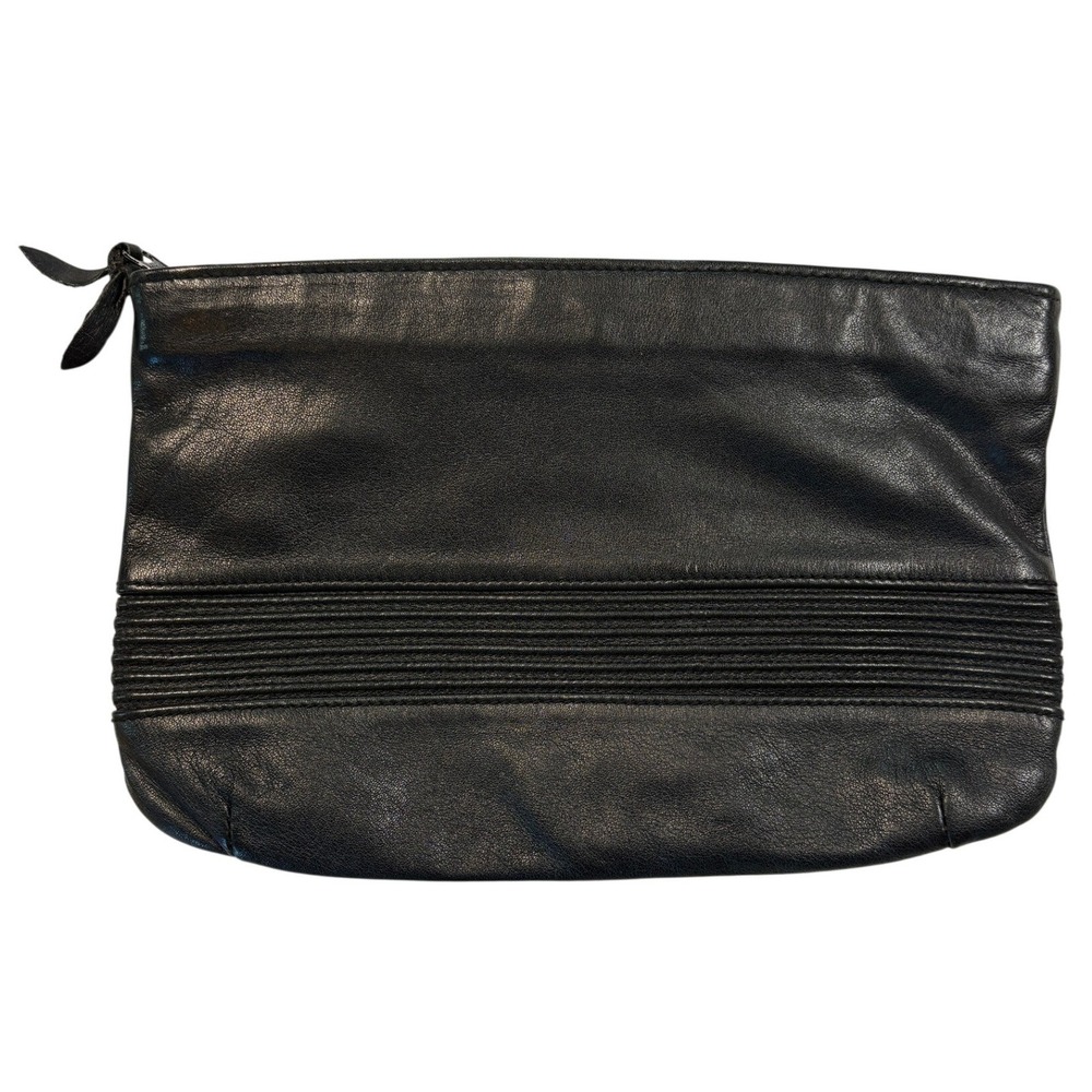 Vintage Contessa Black Genuine Leather Zippered Clutch Bag Made in Hong Kong